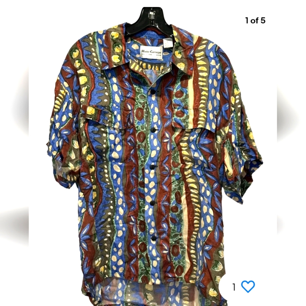 Hattie Carnegie Men's S Button Front Shirt Vtg Multicolor Geometric Striped Silk